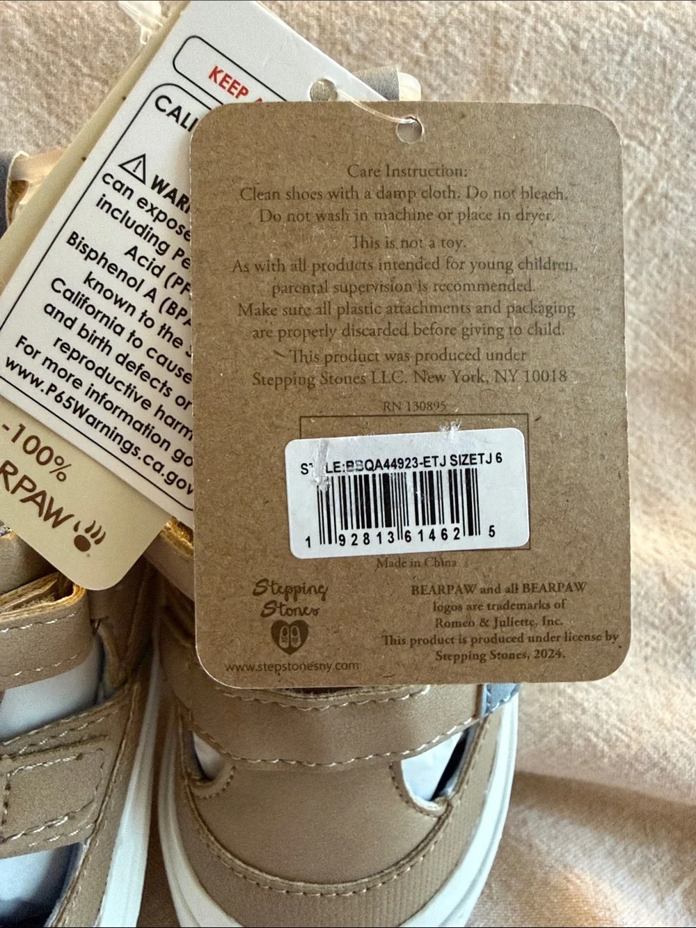 NWT ~ BearPaw Kids Tan and Light Blue Velcro Sneakers SZ 6